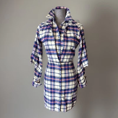 Zara Shirt Dress L Flannel Blue Plaid Check Double Collar Button Up Blogger NEW - Image 1 of 4