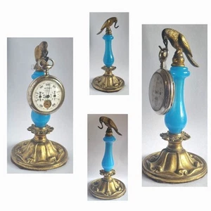 Lovely Rare Antique Bronze & Opaline Pocket Watch Holder Bird On Top Free Shippi - Picture 1 of 6