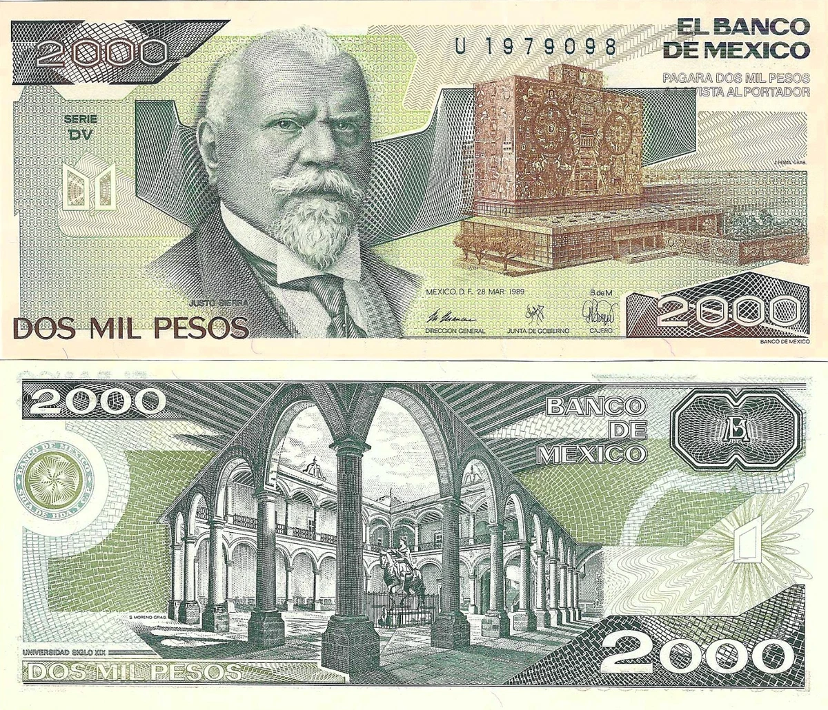 メキシコ 20000ペソ 紙幣 1989年製造 ⑤メキシコ旧紙幣 20000 1989年 Mexico 20000 Pesos, 1989, P-92b.3