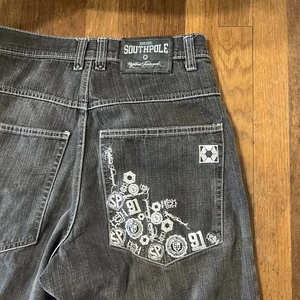 *RARE* SOUTHPOLE 91 EMBROIDERED BLACK JEANS Y2K BAGGY SKATER HIP HOP SIZE 32x30 - Picture 1 of 17