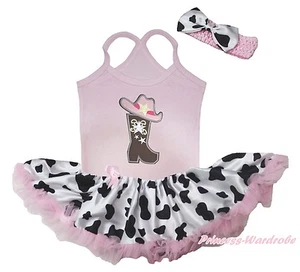 Cowgirl Hat Boot  Light Pink Halter Neck Bodysuit Milk Cow Baby Dress Set NB-18M - Picture 1 of 1