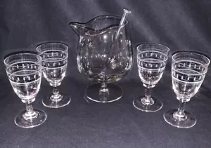 Vintage MCM Etched Atomic Starburst Glass Pitcher & Cordial Glasses, Greek Key - Picture 1 of 11