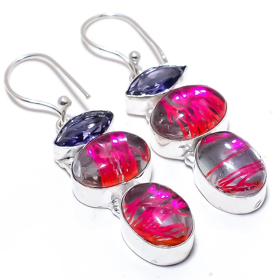 Pink Rutile Quartz, Amethyst Gemstone 925 Silver Jewelry Earring 2.2" R-2480 - Image 1 of 1