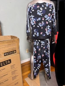 Adidas Girls Sz 6X Floral Tricot Navy  3-Stripe 2-PC Tracksuit Set Jacket Pants - Picture 1 of 4