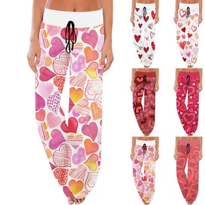 Women's Comfy Pajama Pants Pocket Valentine's Day Print Drawstring Wide Leg - Picture 1 of 30