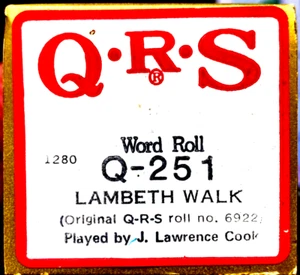 Rollo de palabras QRS LAMBETH WALK J. Lawrence Cook Q-251 rollo de piano 6922 - Imagen 1 de 1