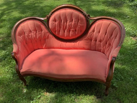 Antique Victorian Carved Wood Medallion Orange Velvet Sofa Settee Loveseat Cover