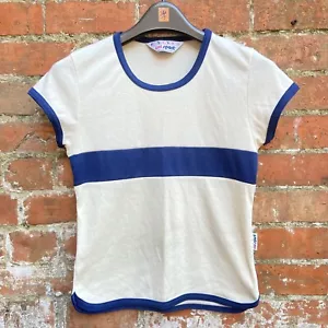 Cal Sport Vintage 80s T Shirt Women’s Medium Cream With Blue Stripe Gym USA - Picture 1 of 11