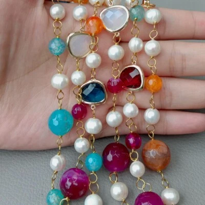 Collar Largo 56" Perla Blanca Cultivada Multicolor Cristal Ágata Foto 1 de 4