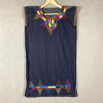 Handmade Mexican Tunic Dress Denim Embroidered Circles Sleeveless Boho - Image 1 of 4