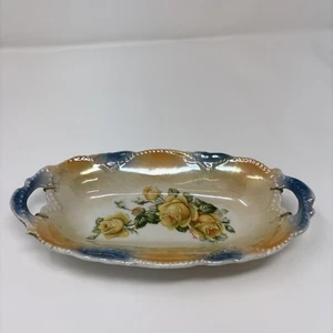 Vintage ATQ signiert Germany irisierend gelb blau oval Sellerie Schale gelbe Rosen - Bild 1 von 10