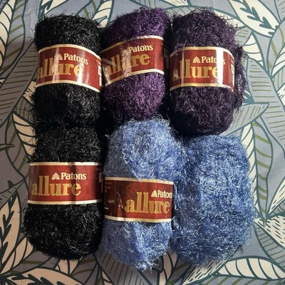 PATONS ALLURE NYLON YARNS 47 Yards Each Purple Black Blue Lot Of 6 - Image 1 of 4
