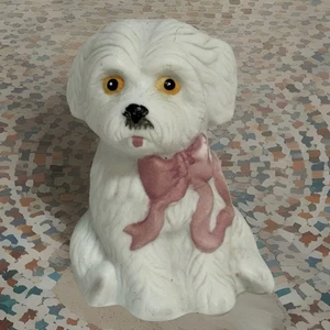 Vtg Bisque Porcelain Maltese White Puppy Dog Figurine Pink Bow 3.33 Inches Tall - Picture 1 of 8