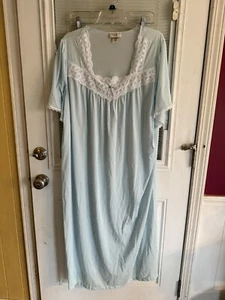 Amanda Stewart Intimates Nightgown Blue Long Satin Sht Sleeve Lace 2X Barely Wrn - Picture 1 of 6