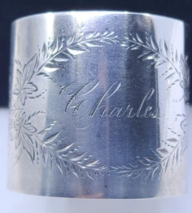 Victorian Sterling Name Wide Brite Cut Napkin Ring "Charles" - Picture 1 of 5