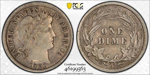 1901 O Barber Dime PCGS VF Details Cleaned w/ possible machine doubling of the O Cover