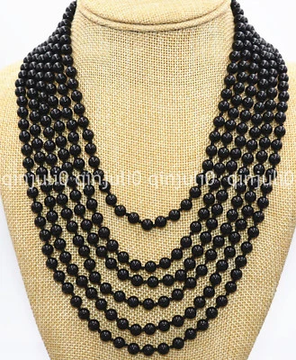 Genuine natural 6 Rows 6mm black onyx gemstone round beads necklace 17-22" — 第 1/3 张图片