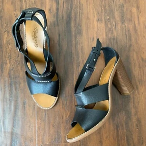 EUC MADEWELL Beckett Sandals Block Heel Ankle Strap Black Leather Womens Size 10 - Picture 1 of 11