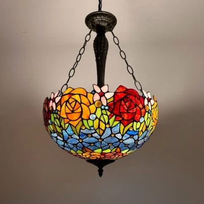 Tiffany Style Pendant Lamps Stained Glass Rose Flowers LED Bulbs Included 16"W - Image 1 of 4