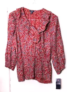RALPH LAUREN CHAPS BLOUSE ladies size S red gray blue white paisley NWT ruffle - Picture 1 of 6