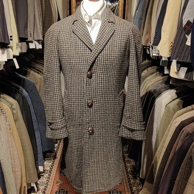 Vintage Mens 40R Tweed Check Dogtooth Pea Over Coat Jacket Harris Style Wool V - Image 1 of 4