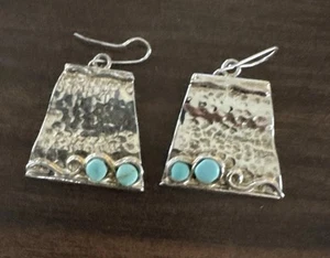 Antique Alpaca Sterling Silver Hammered, Turquoise, Dangle Earrings - Picture 1 of 9