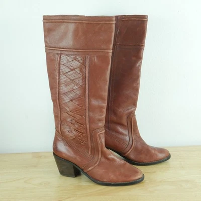 Fossil 9.5 Boots Tall Riding Equestrian Western Boho Heeled Brown Woven Leather - Image 1 of 4
