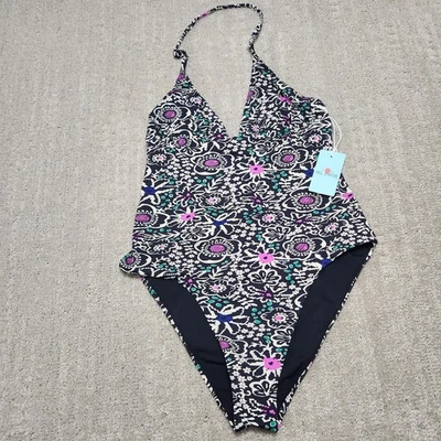 Traje de baño de una pieza Marine Layer Plunge mediano negro floral resort NUEVO playa Foto 1 de 4