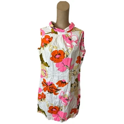 Vestido Mod Vintage Años 60 Hecho a Mano Blanco y Rosa Floral Talla Mediana Foto 1 de 4