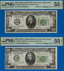 1934B 1934A $20 FRN New York PMG 55EPQ reverse changeover Fr 2056-B Fr 2055-B - Picture 1 of 2