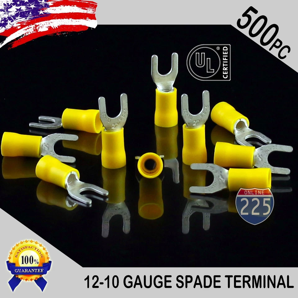 225FWY 500 Pack 12-10 Gauge Vinyl Spade Fork Crimp Terminals #10 Stud Tin Copper Core
