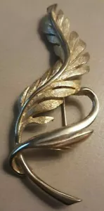 Vintage strukturierte & glatte signierte LEDO 1963 große Blatt Brosche Anstecknadel goldfarben - Bild 1 von 10
