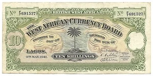 British West Africa Banknote 10 Shillings 1941 P7b gVF Grade Palm Tree RARE WW2 - Picture 1 of 6