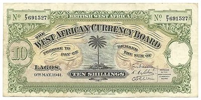 British West Africa Banknote 10 Shillings 1941 P7b gVF Grade Palm Tree RARE WW2 - Image 1 of 4