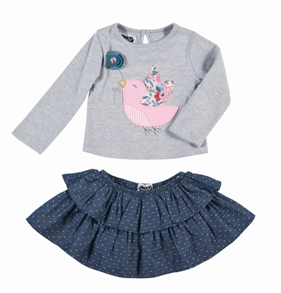 New Mud PIe 2 pc BIRD CHAMBRAY Skirt Set Set  gift Grey Blue Easter 2T 24 mos - Image 1 of 1