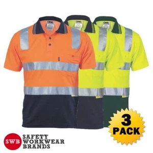 3 x DNC Workwear Mens Hi Vis Cotton Back 2 Tone Polo Shirt Reflective Work 3817 - Picture 1 of 4