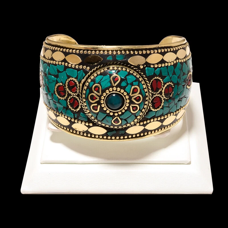 TURQUOISE, ONYX & RED CORAL GEMSTONE TIBATAN ANTIQUE HANDMADE  STYLE CUFF - Image 1 of 1