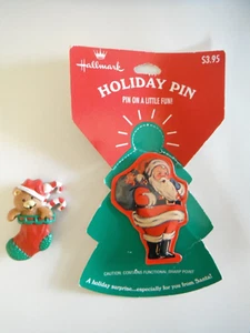 Hallmark Christmas Lapel Pins Santa & Stocking with Bear - Picture 1 of 3