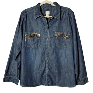 Chico's Womens Embellished Rhinestone Blue Denim Long Sleeve Button Up Shirt 3 - Picture 1 of 10