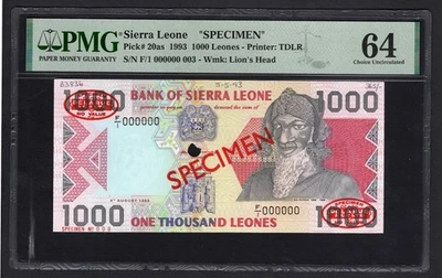 Sierra Leone 1000 Leones 4-8-1993 P20as "Specimen N.003" UNC Graded 64 Top Pop - Image 1 of 2