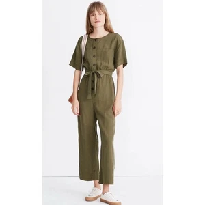 Madewell Kale Green Plaid Short Sleeve Belted Cropped Ankle Jumpsuit Small - Picture 1 of 14