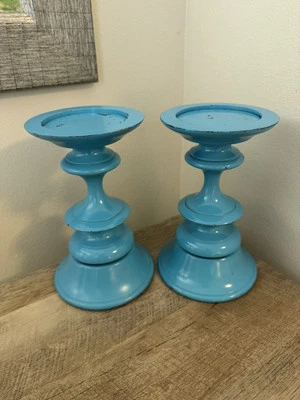 Pottery Barn Set Of 2 Wood Pillar Candleholders Carved Painted Teal Candles - Image 1 of 4