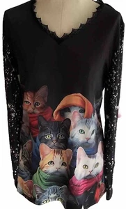 Katzenliebhaber Shirt Damen Grafik Langarm Haustier Mehrfarbig Kitty V-Ausschnitt Spitze L - Bild 1 von 16