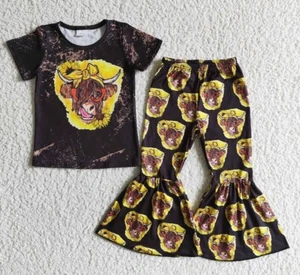 TODDLER: Girls Western Sunflower Cow Bell Pants Clothing Sets - Picture 1 of 4