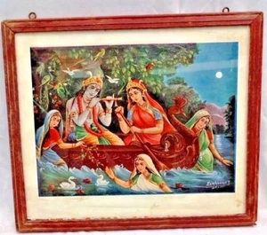 Vintage Litho Print Krishna And Radha With Gopis Nauka Vihar Hindu Mythology Old - Picture 1 of 4