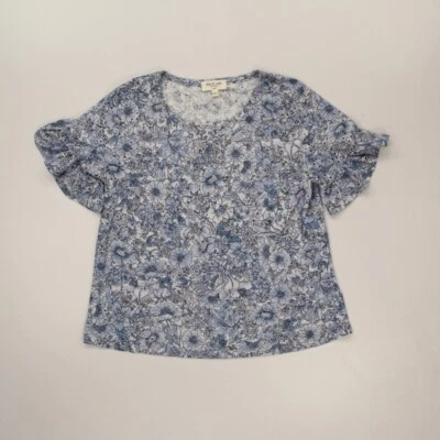 Kim & Cami 女式孔眼上衣小号蓝色花卉荷叶边短袖弹力 — 第 1/4 张图片