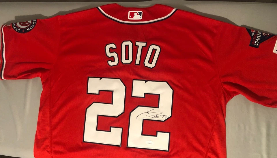 JUAN SOTO WASHINGTON NATIONALS SIGNED RED JERSEY JSA COA AUTO WS CHAMPS - Image 1 of 4