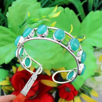 Brazalete brazalete brazalete hecho a mano de ónix verde enchapado en plata 925 joyería 2,75" pulgadas Foto 1 de 4