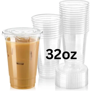 32oz Clear Plastic Cups with lids (50ct/100ct/200ct) - Picture 1 of 7