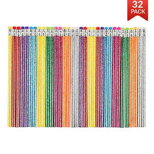 32 Pack of Glitter Sparkling Pencils Unsharpened HB 16 Barrel Colours Eraser Top - Picture 1 of 5